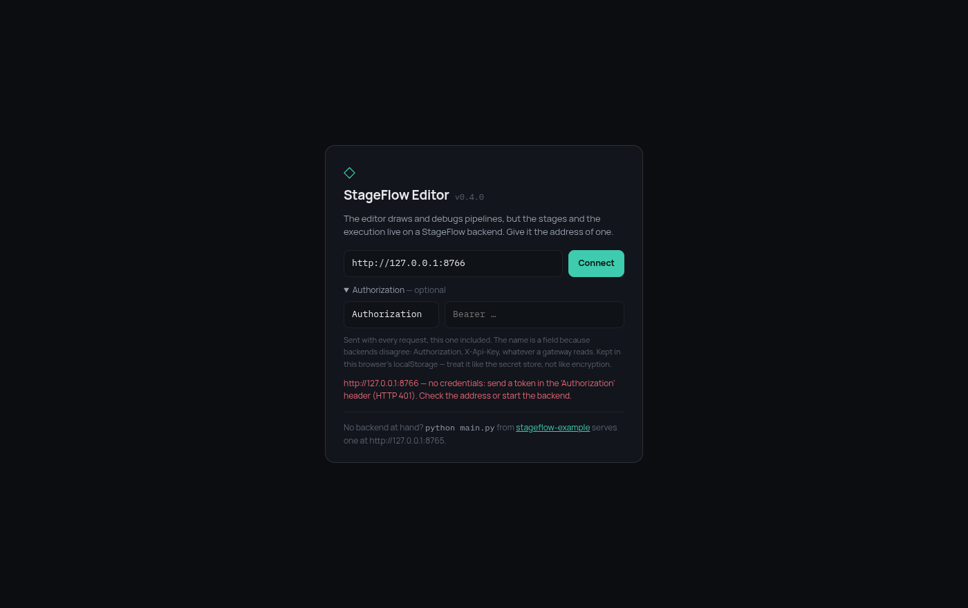 The connection screen refusing, with the credential field unfolded