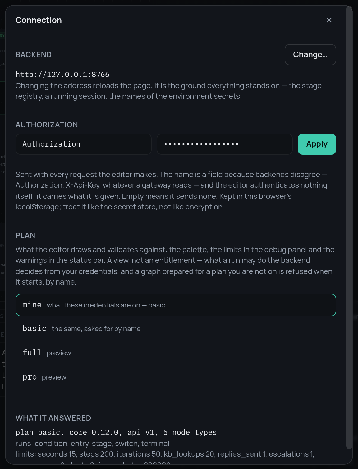 The connection dialog