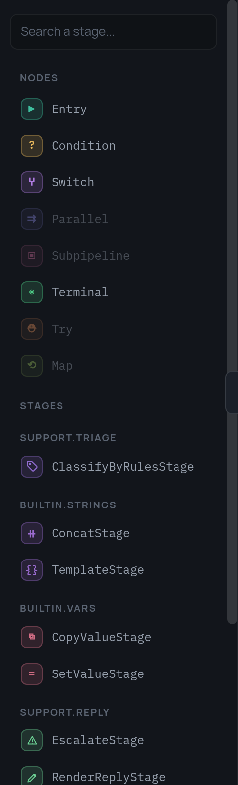 The palette, built from the specs the backend serves