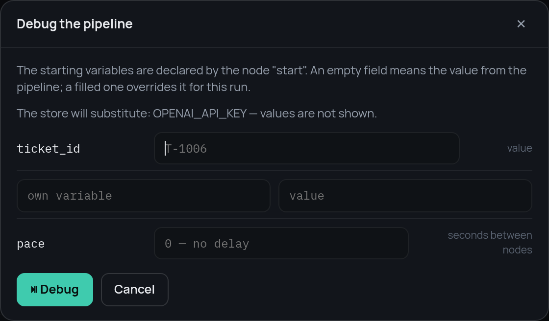 The dialog that asks for the starting variables